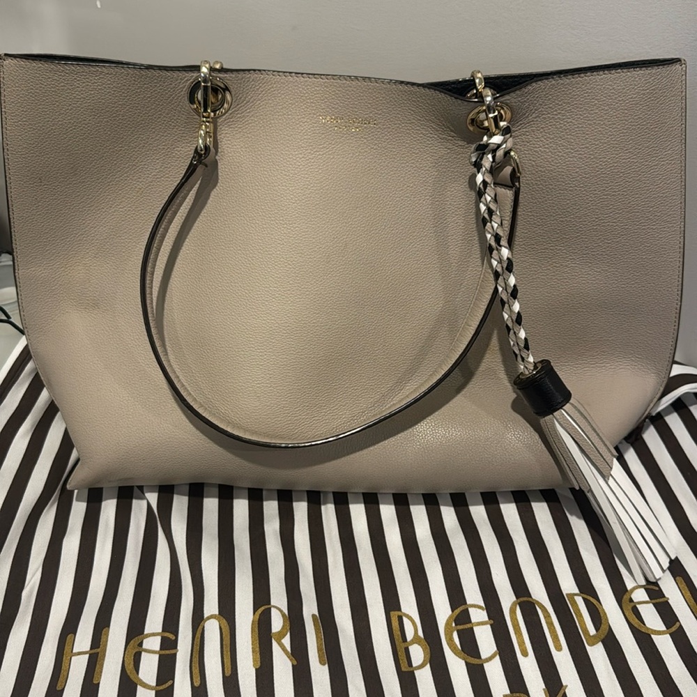 Henri Bendel Tassel Leather Satchel Tote Double Handle Exterior Pocket